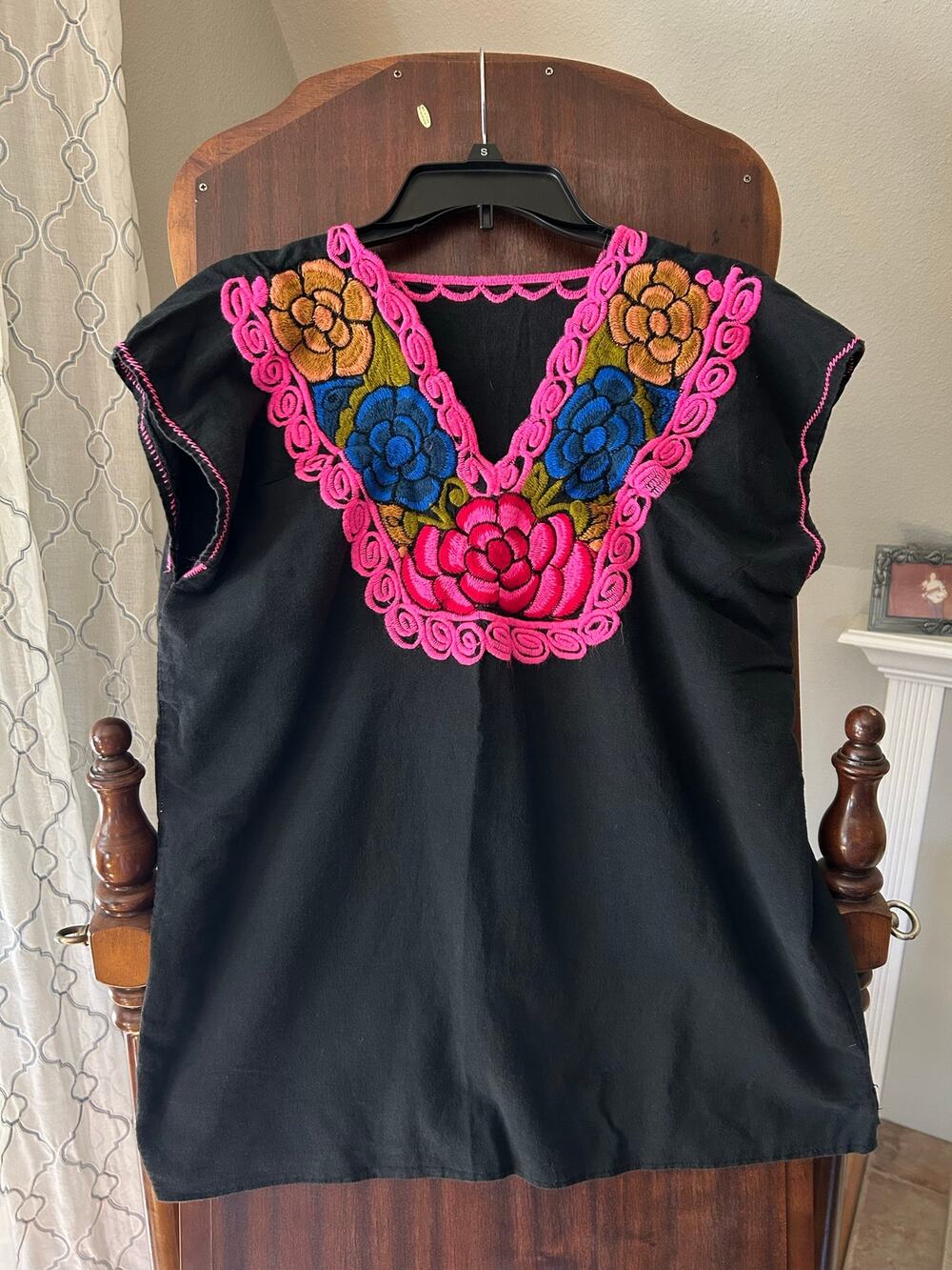 Maya Mexican Blouse Top Shirt Embroidered Flowers Huipil large